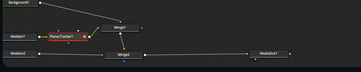 The Fusion node graph. A Background node and two MediaIn nodes feed a Planar Tracker and two Merge nodes, resolving to a single MediaOut.