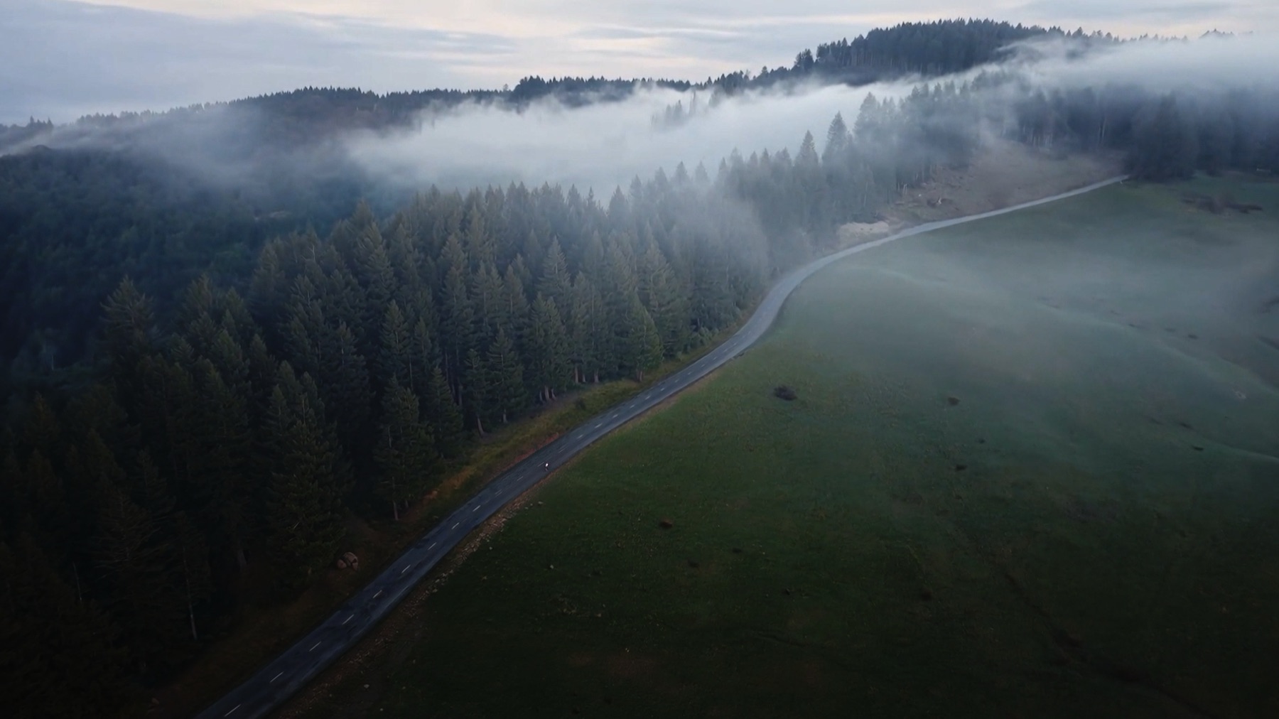 The Higgsfield AI output. Same composition as the original, now with overcast sky, fog, and cool flat light.