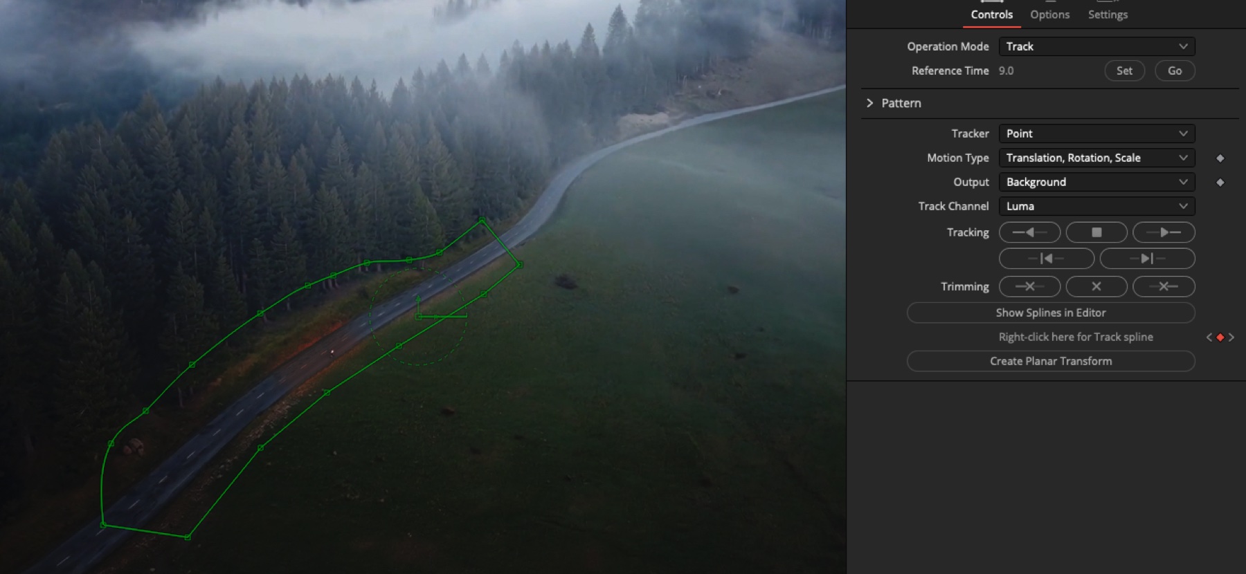 Fusion Planar Tracker view. A green rectangular tracking region is drawn on the AI plate's road.